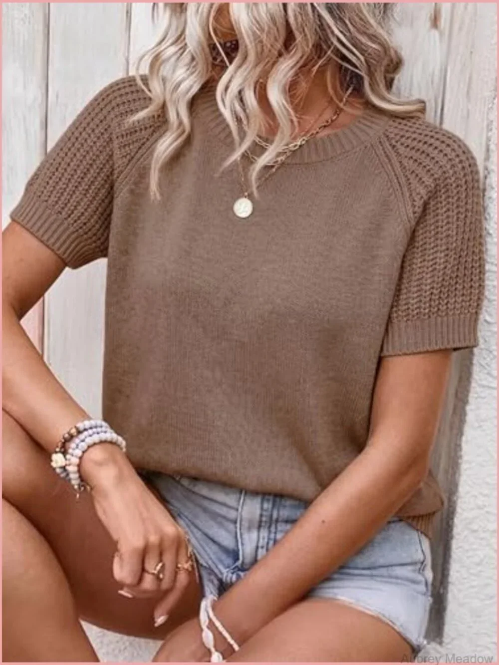 Short Sleeve Lightweight Knit Pullover Sweater Crew Neck Puff Sleeve Casual Top